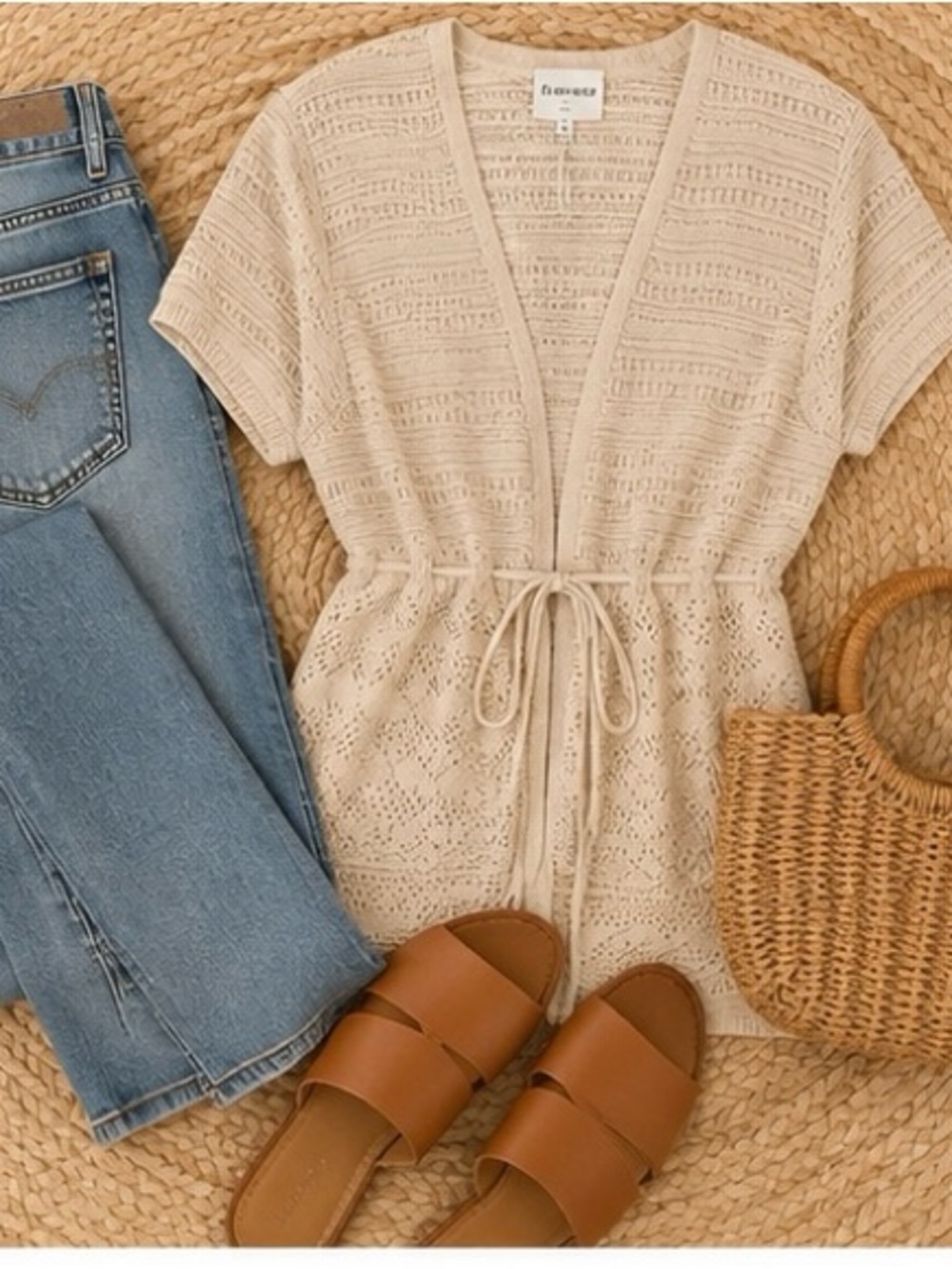 Light Cream Crochet Drawstring Short Sleeve Sweater - Size XL